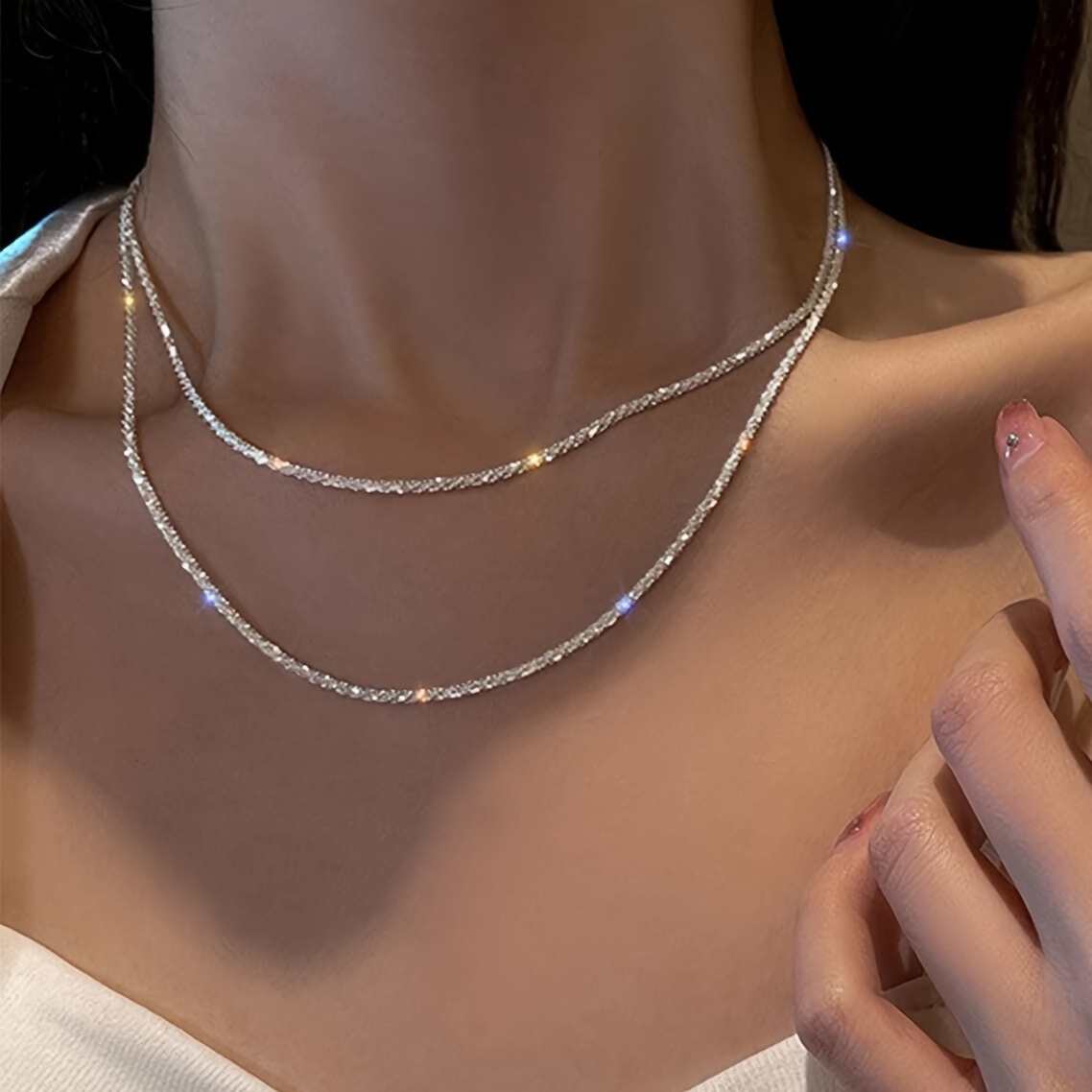 

1pc Elegant Alloy Double Layered Sparkling Chain Necklace For Women, Dainty Collar Neck Jewelry, No Gemstone , For And Vacation Accessory, Suitable