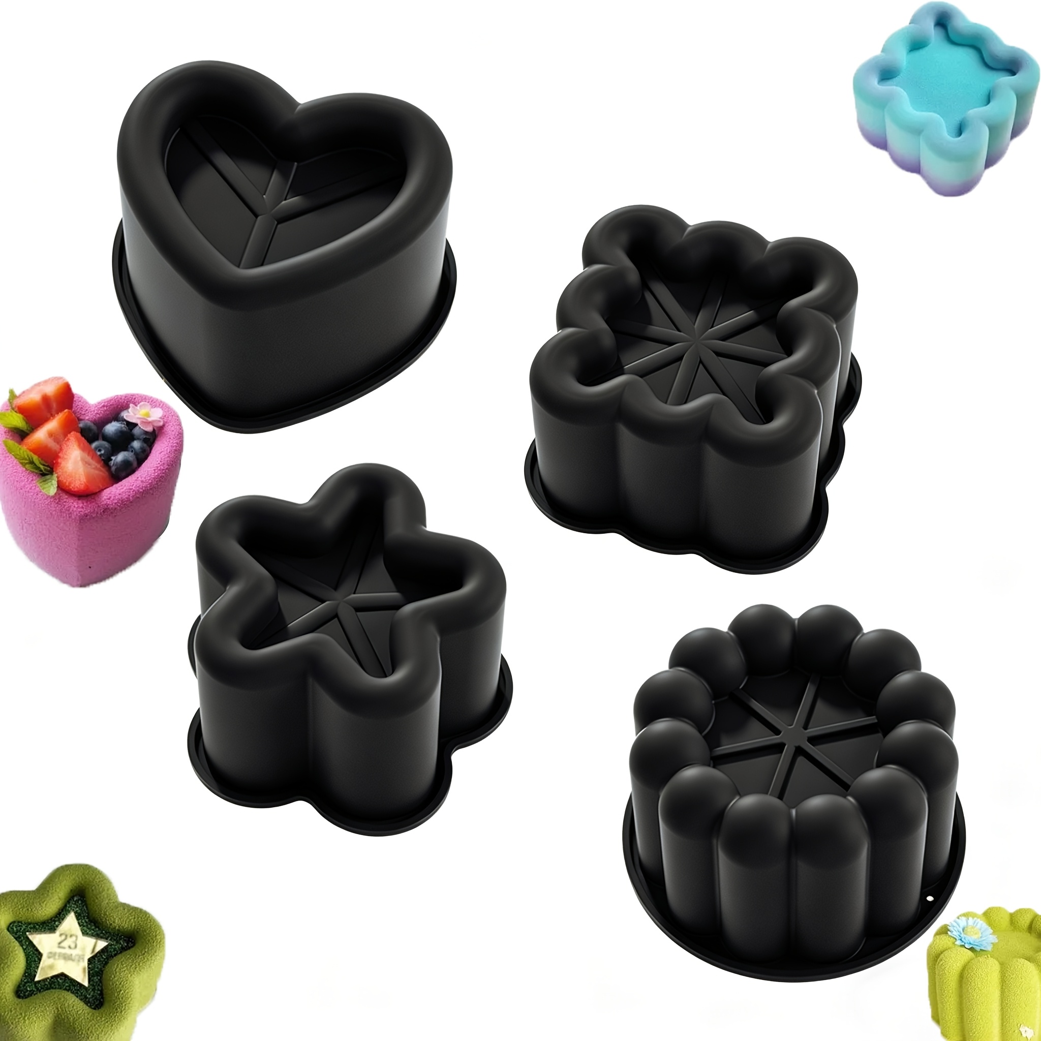 4pcs Silicone Cake Molds | Black Round, Square, Star-shaped Pudding Cups For Wedding, Easter, Hanukkah, 's Day, Valentine's Day, Ramadan Desserts And Baking Tools