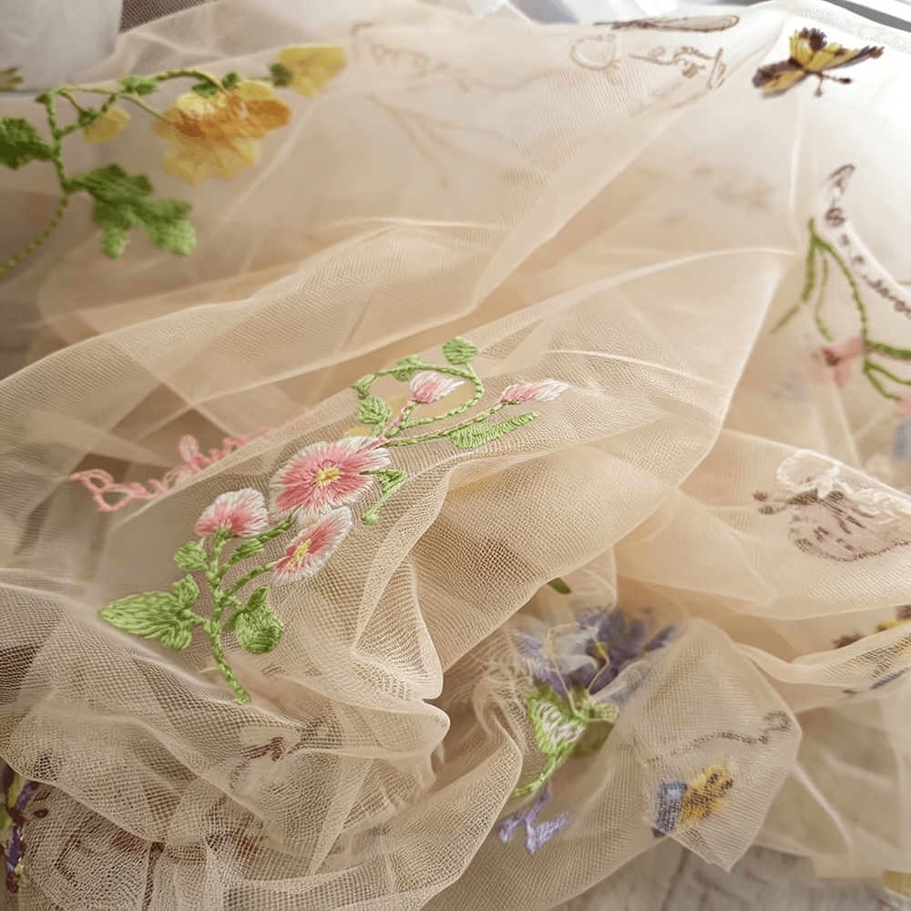 TEMU 1pc Champagne Colored Party Tablecloth, Embroidered Lace With Colorful Flowers And Butterflies, Suitable For Wedding Banquets, Birthday Parties,