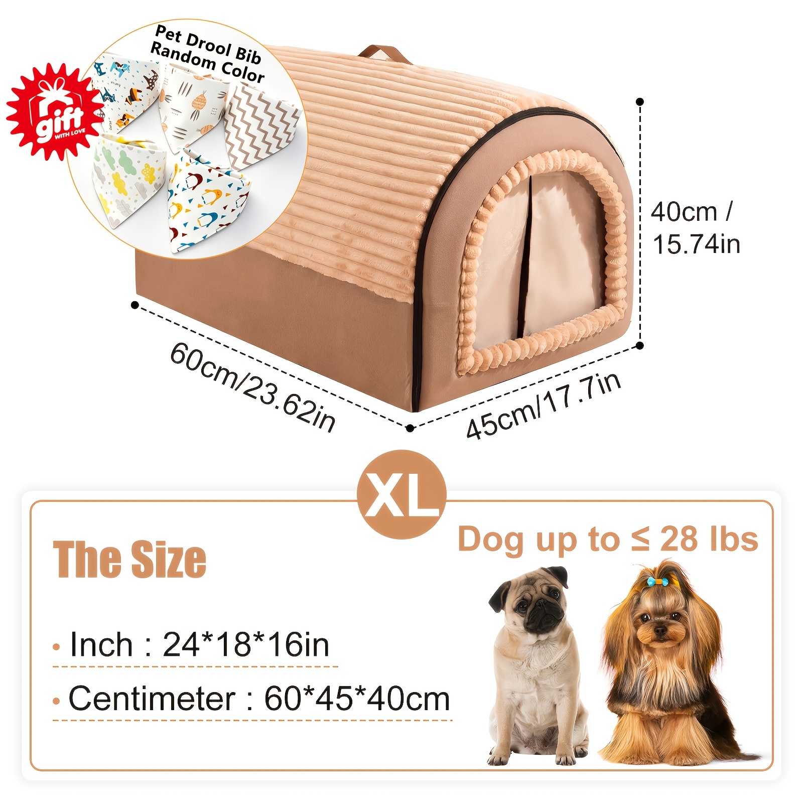 2-in-1 Fully Enclosed Foldable Indoor Dog House Pet Tent, Fluffy Anti-slip Washable Cushion Mat With Lid And Handle, Safe Privacy Warm Security Cave Bed For Small Medium Large Breeds, Free Pet Bib