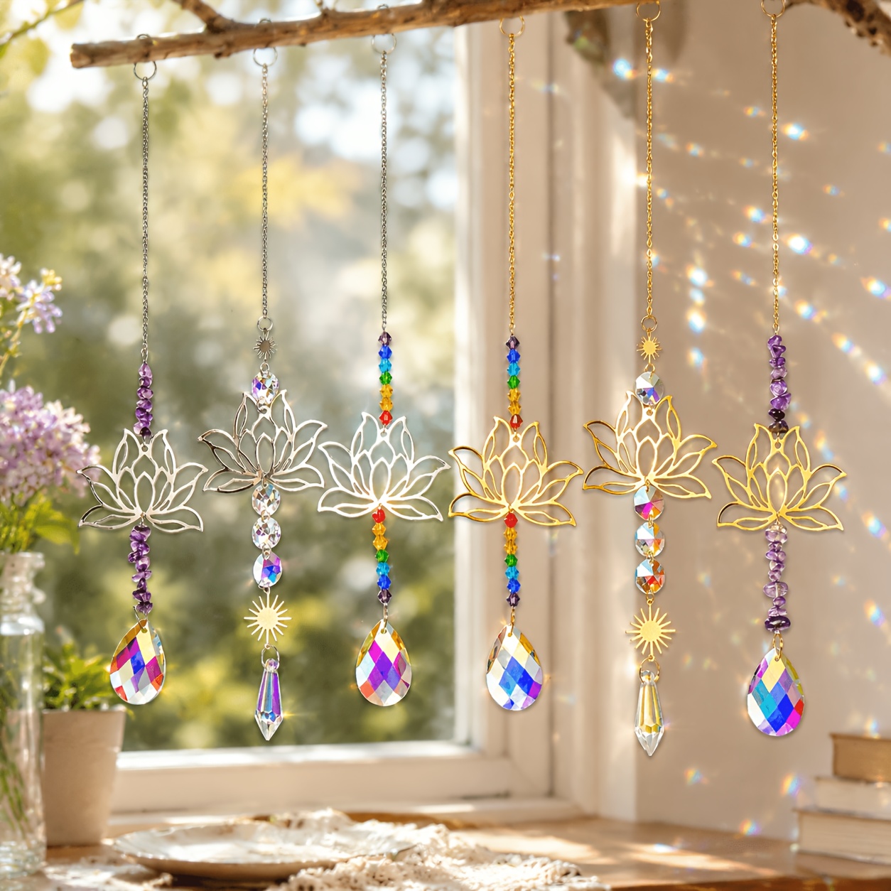 6pcs Light Catcher Set - Chakra Bead Crystal Ornaments For Home Window Display, Wedding Decoration, And Holiday Themes