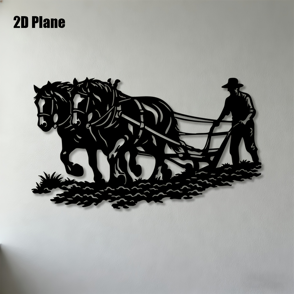 TEMU 2d Flat - 1pc, 2d Flat, Wall Sculptures, Horse And Farmer Plowing Metal Wall Art, Perfect For Living Room, Bedroom, Office, Farmhouse And