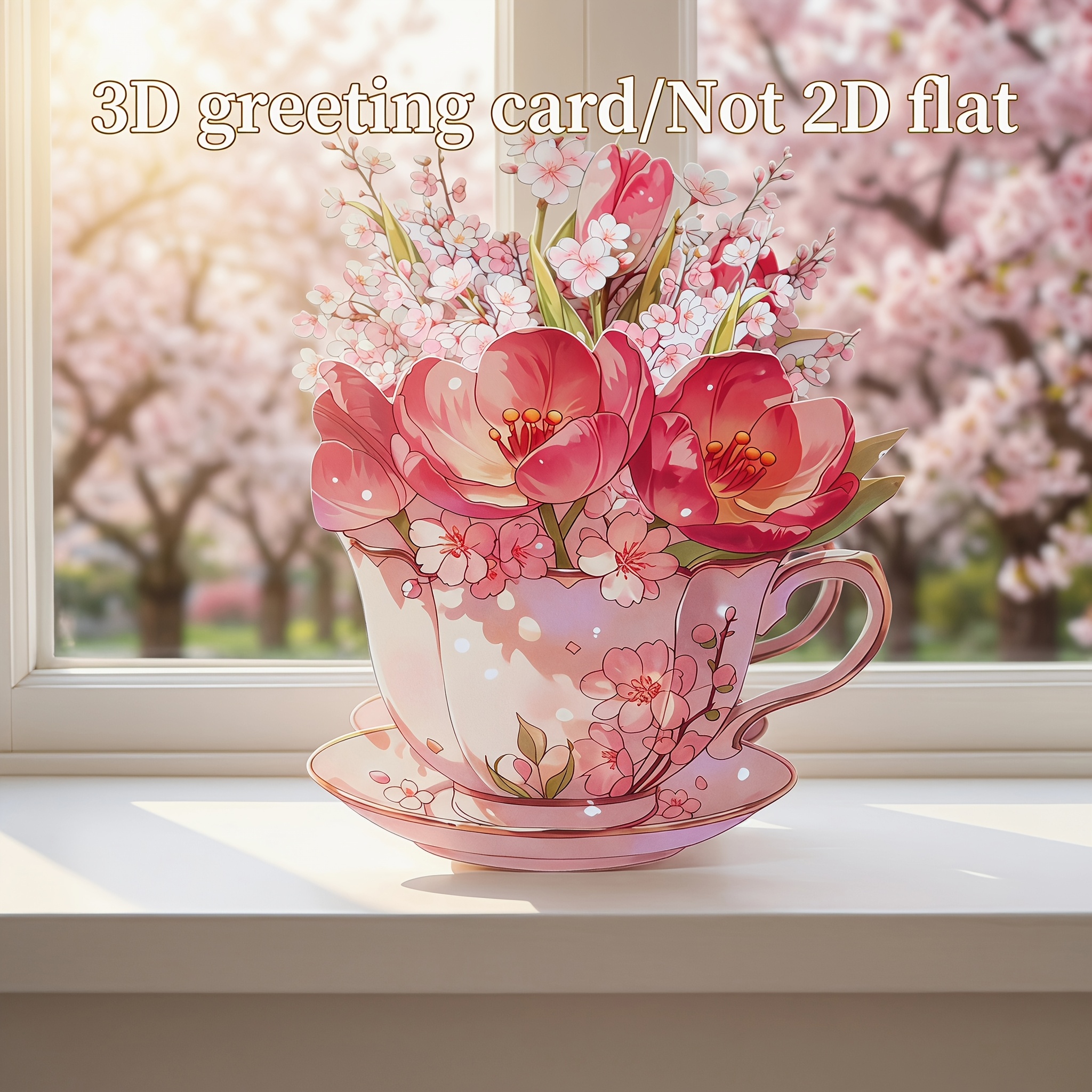 TEMU 1pc 3d Pink Cherry Tulip Teacup Shaped Pop-up Greeting Card With Envelope, Handcrafted Exquisite, Suitable For Birthday, Valentine's Day,