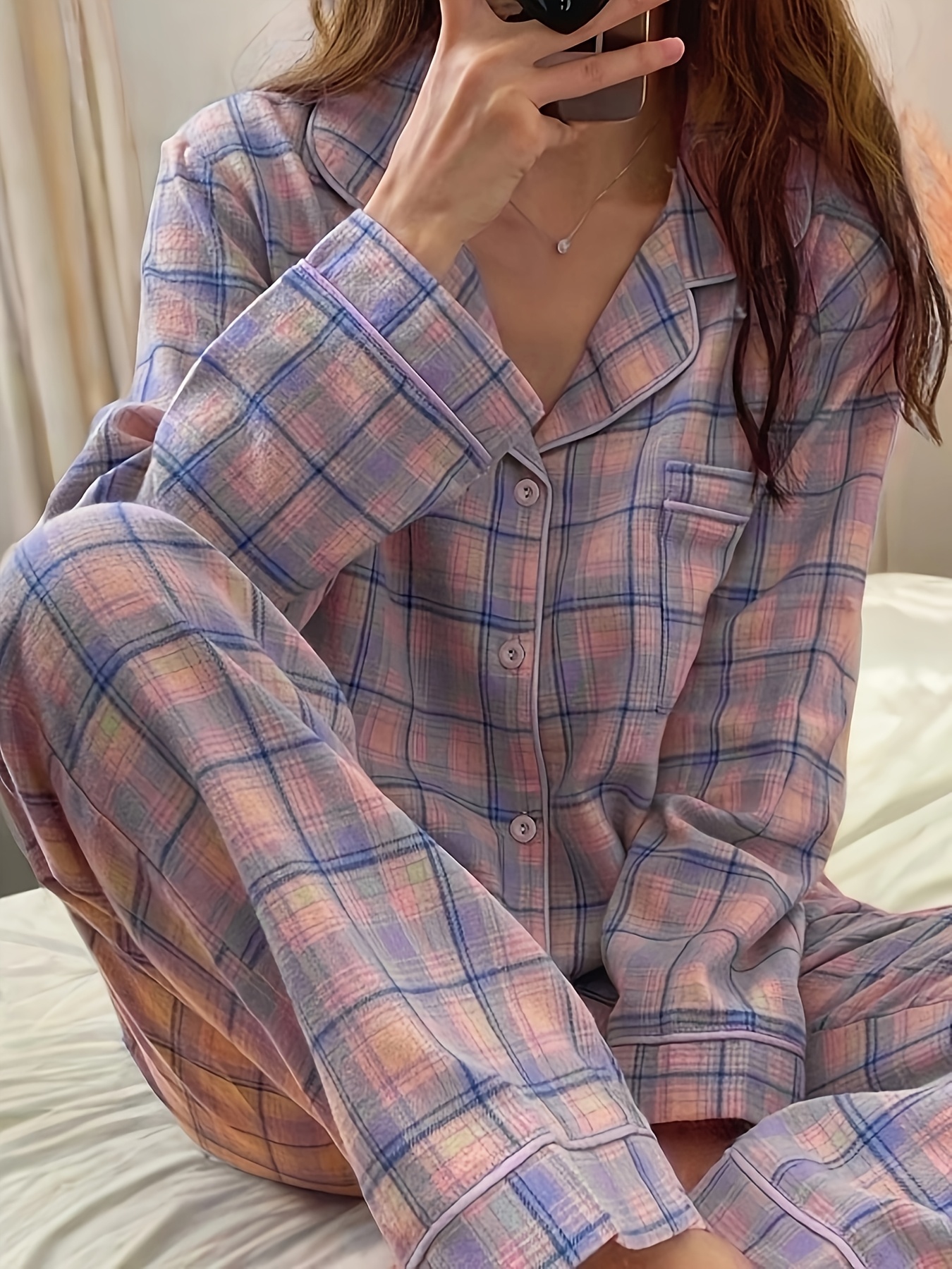 classic pink and purple   two piece pajama set soft long sleeve shirt with pockets elastic waistband pants cozy fall winter loungewear