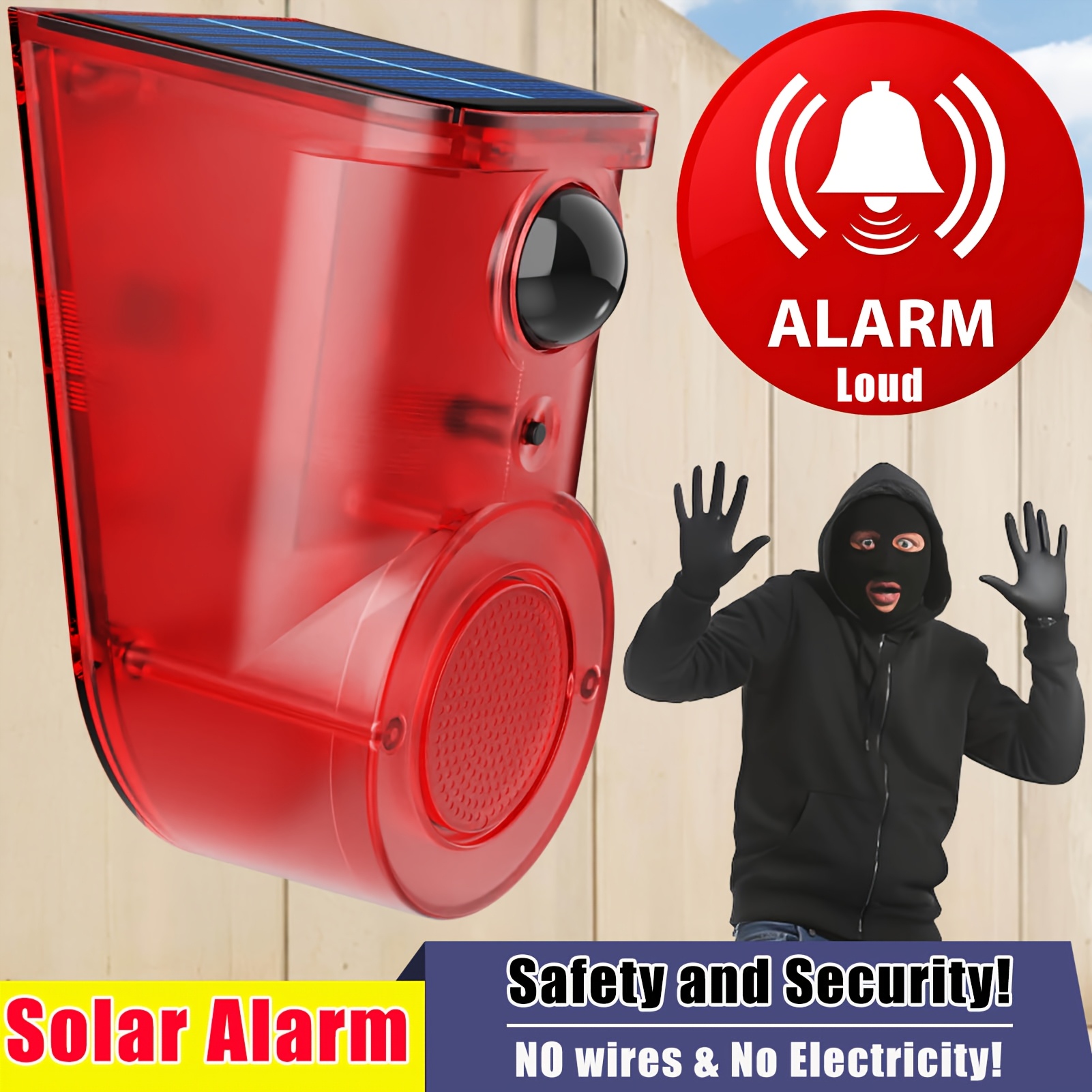 dispositivo de alarma con sensor de movimiento solar - multi- , detección de  , generador de ruido,   movimiento, disuade  .  . alarma de 129db y luces estroboscópicas para seguridad interior y exterior