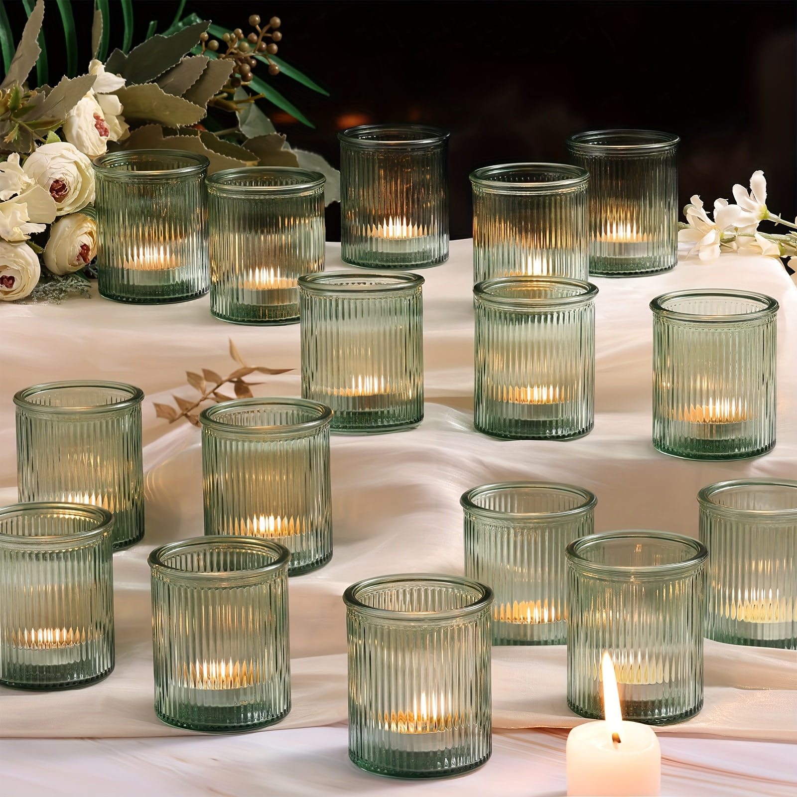 E-shop 8er-Set Bernstein Votivkerzenhalter - Herbstdeko, gerippte Glas-Tee-Licht-Kerzenhalter, Kerzen-Votivkerzen für Hochzeitsdekoration und