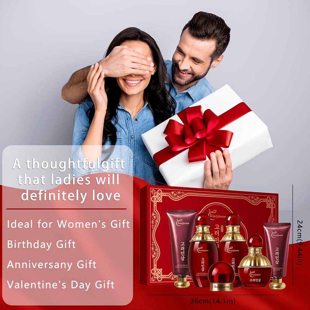 Colecție de îngrijire a pielii cu esență de ginseng coreean - Conține extracte vegetale, oferă hidratare profundă, întărește pielea, are o formulă ușoară și non-grasă, nu se aglomerează, prezentată într-o cutie cadou festivă