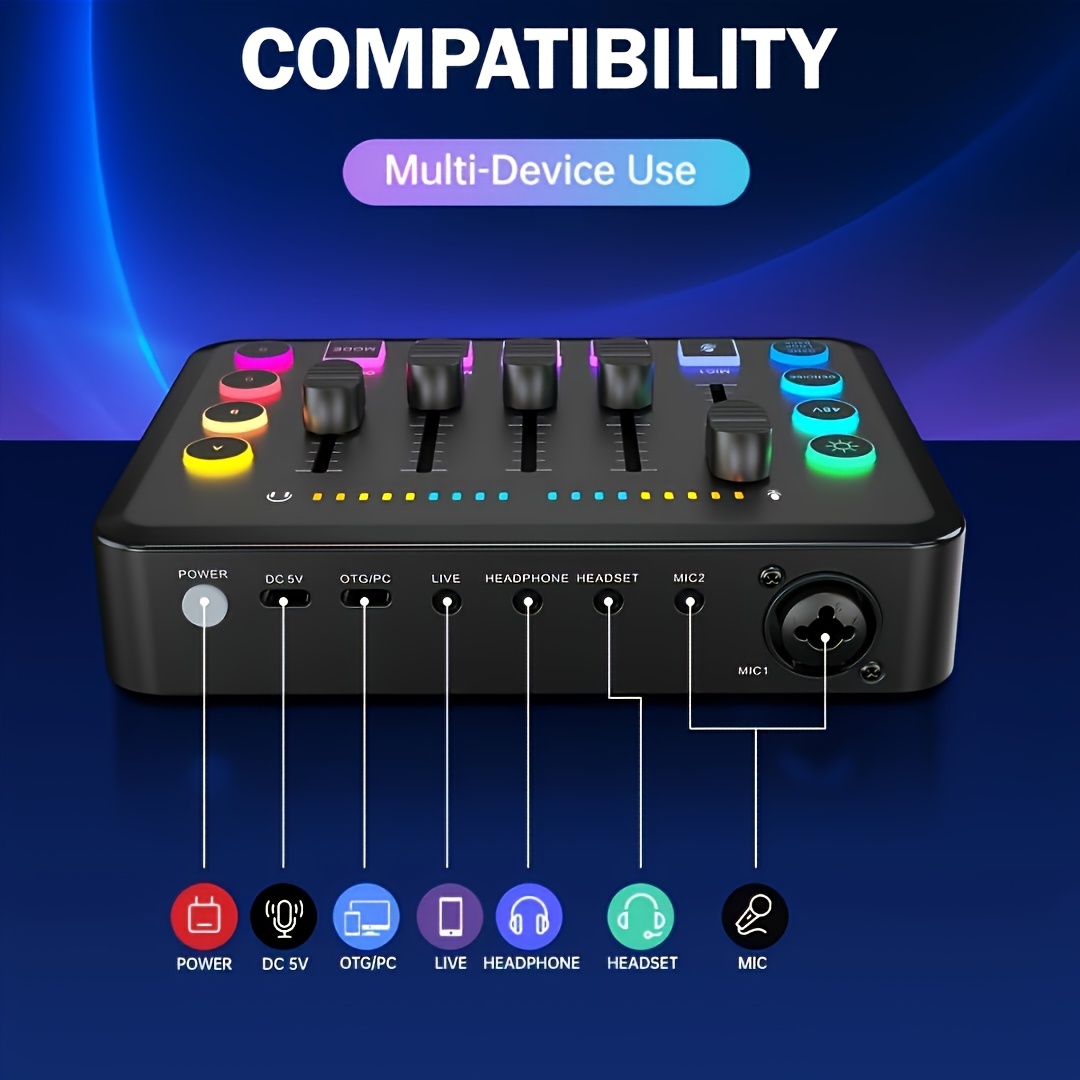 ميكسر لعبة، ميكسر بث مع واجهة ميكروفون XLR، ميكسر RGB للكمبيوتر مع تحكم في مستوى الصوت، 48 فولت للطاقة الخفية للاستخدام في البث/التسجيل/صوت الألعاب