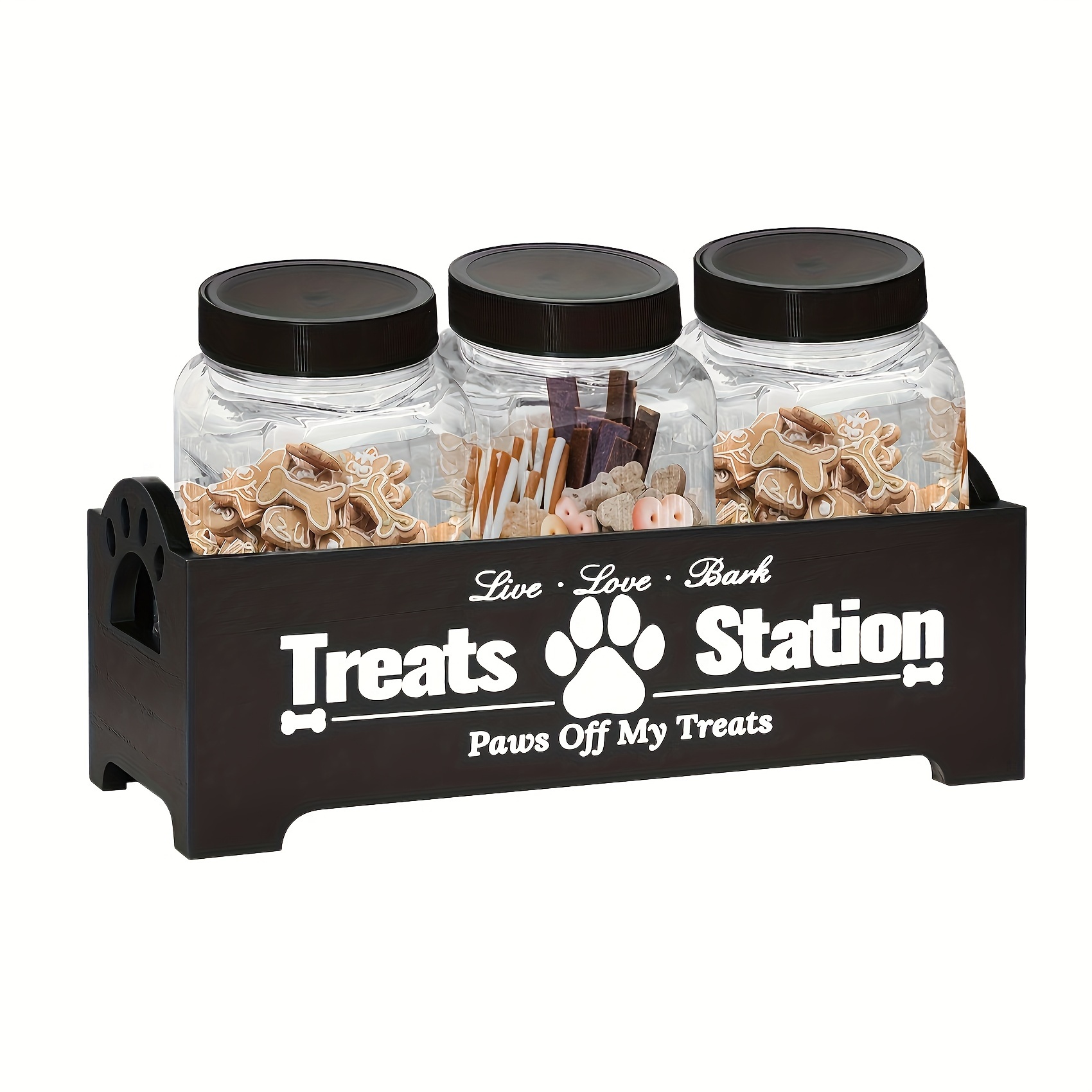 

Compact, Rustic Farmhouse Pet Treat Organizer With 3 Airtight Jars - Wooden Food Storage Container Set, Space-saving Design For , Storage Boxes For Organizing