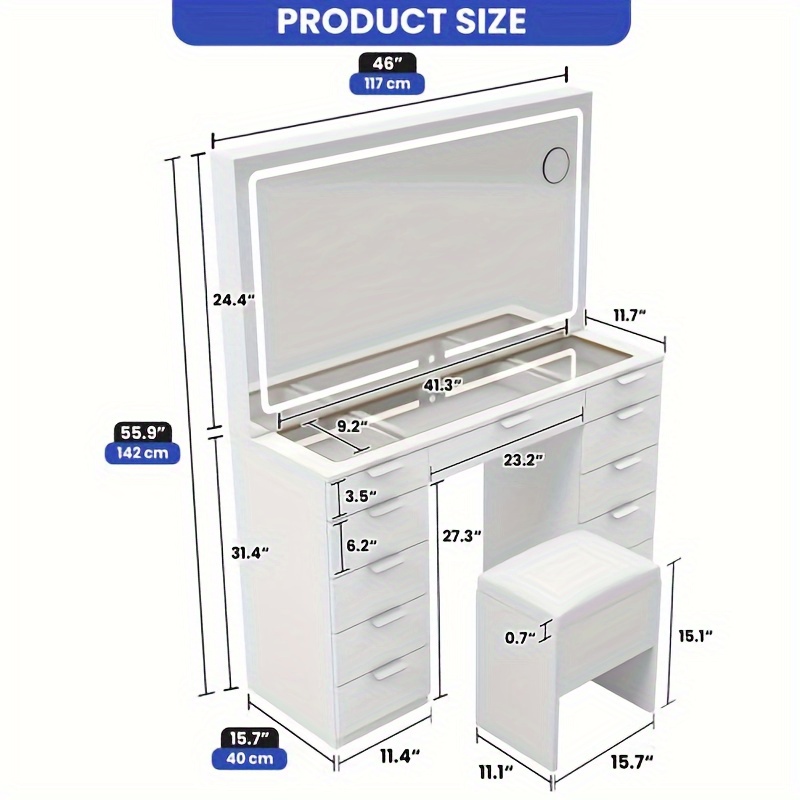 

Industragear Makeup Vanity Desk Set Led Lighted , , 11 Drawers, , Dryer , And Stool For ,