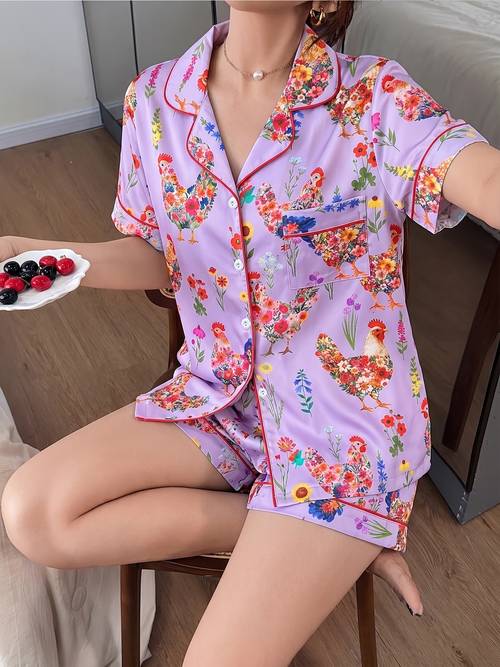 fashionable womens sleepwear set with style floral chicken print short sleeved shorts button pocket lapel cardigan elastic waistband lightweight breathable and comfortable all year round suitable for casual party