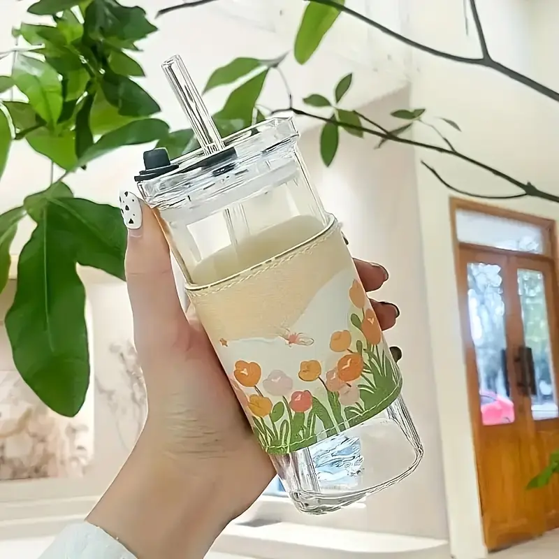 2pcs square glass mug with lid, portable drinking mug, mug, glass lid/straw, gift for mug collectors, father s day mug, great for office, home, school and outdoor use!, best for christmas Product details 1