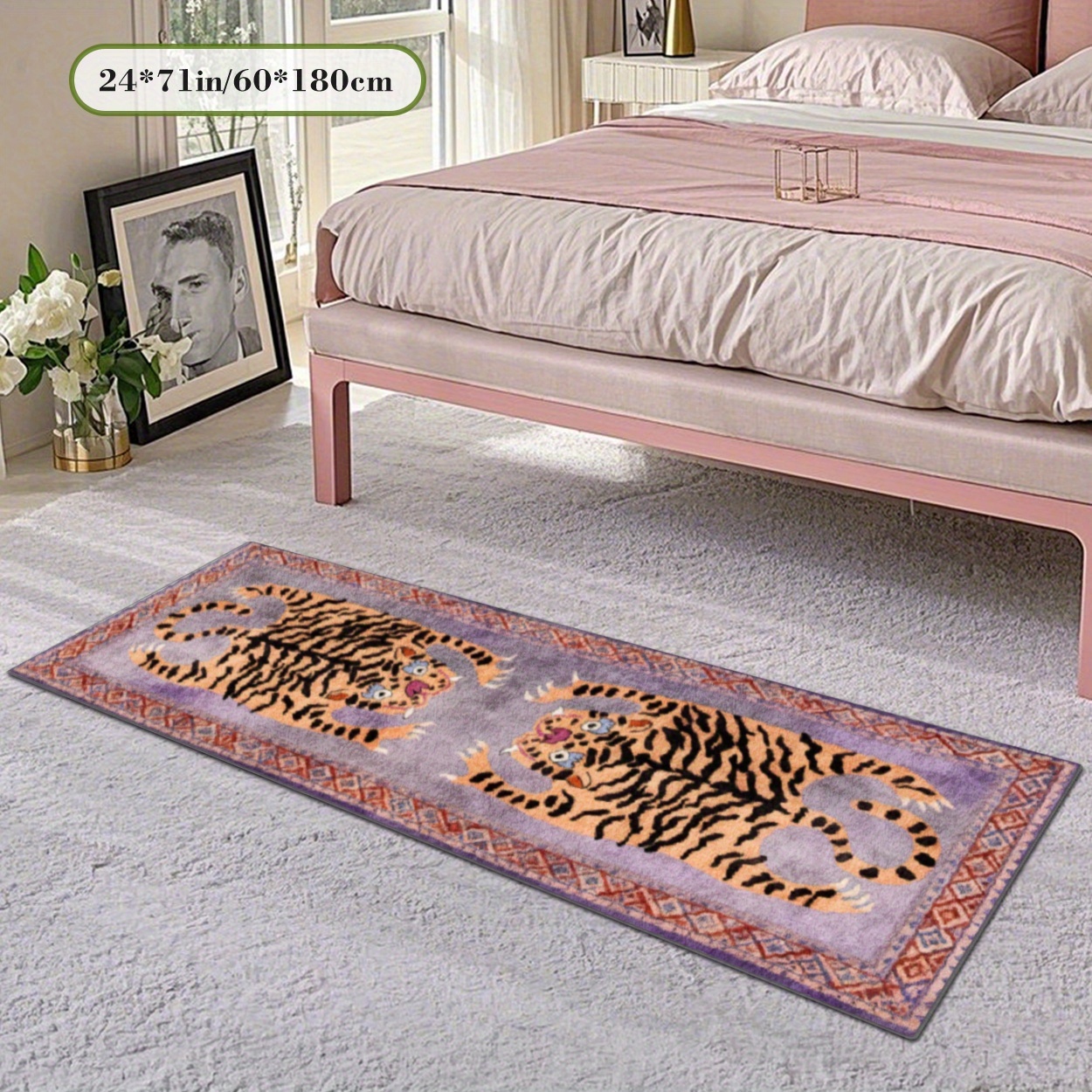 TEMU Soft Plush Rug With A Dotted Plastic Bottom Featuring A Tiger Pattern, This 2d Printed Rug Is A Decor Item Suitable For Commercial Spaces. Used
