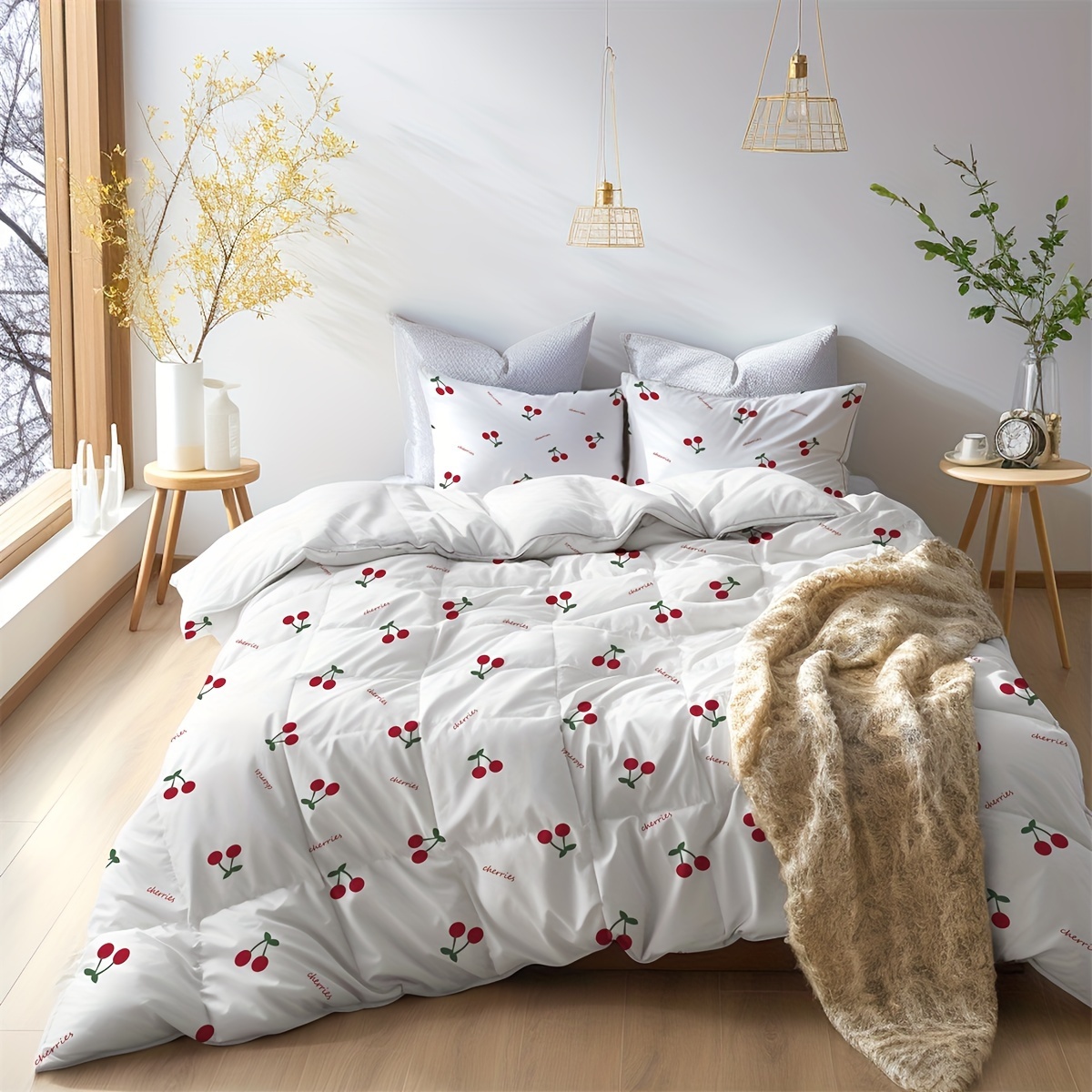 3pcs Soft Comfortable Warm Cherry Pattern Digital Printing Duvet -piece Pillowcase Set Without Core, Suitable For School Home Bedroom, (1 Duvet Cover + 2 Pillowcases Without Pillow Core)
