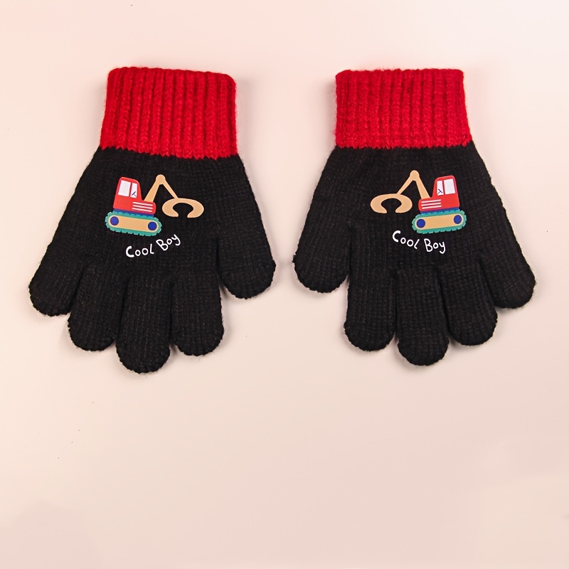Image of 1 Pair Of 's Winter Gloves For Boys, Warm And Cold-proof, Five-, For Girls, Knitted, With Cute Cartoon Designs