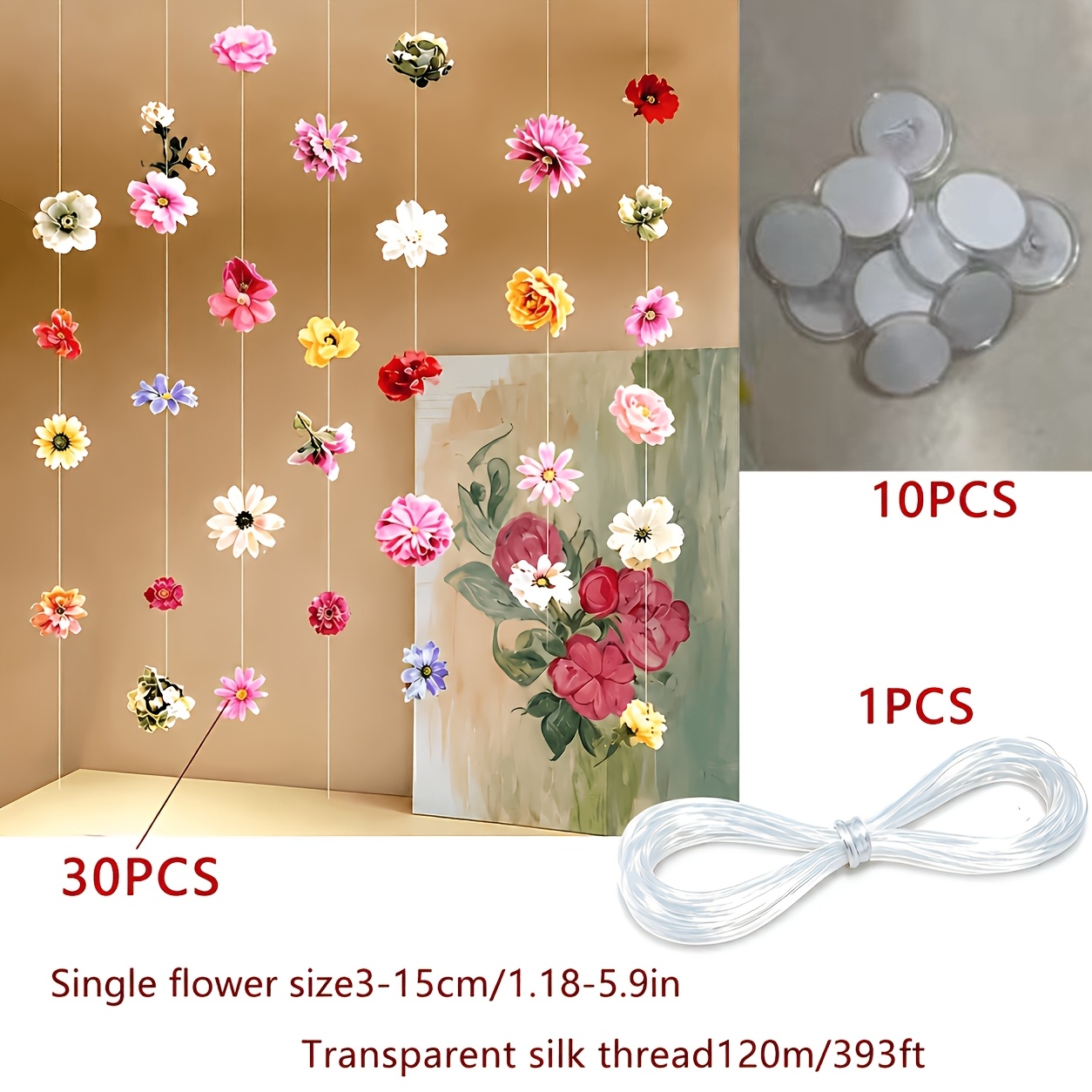 TEMU 41pcs (30pcs Hanging Artificial Flower Garlands And 1968.5 Inch Fishing Line And 10pcs Hooks) Floating Floral Backdrop Decorations, Suitable For