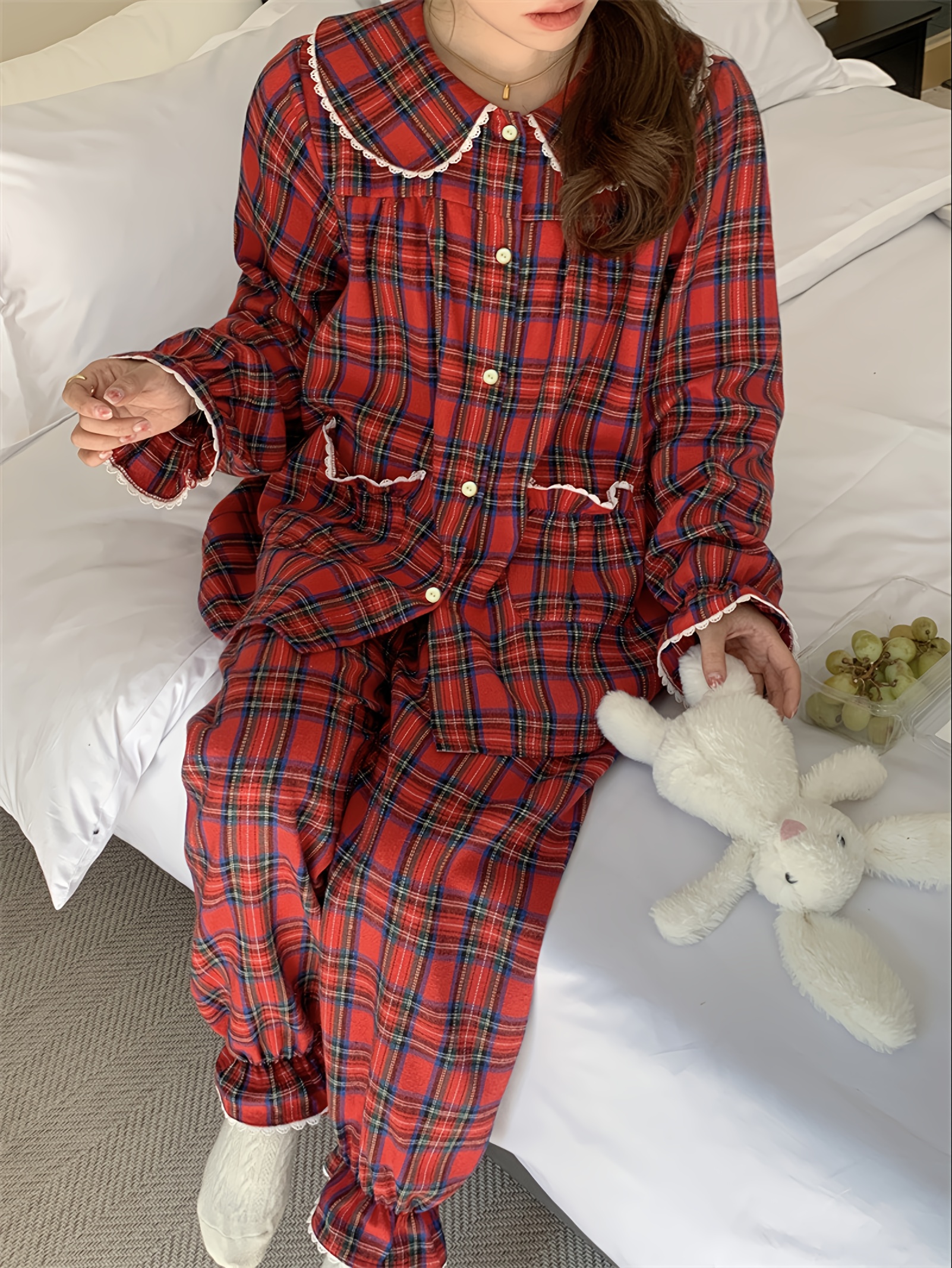 womens   atmosphere red   pajama set cozy flounce sleeve doll collar top with   trim comfy elastic waist pants comfortable relaxed fit for fall winter