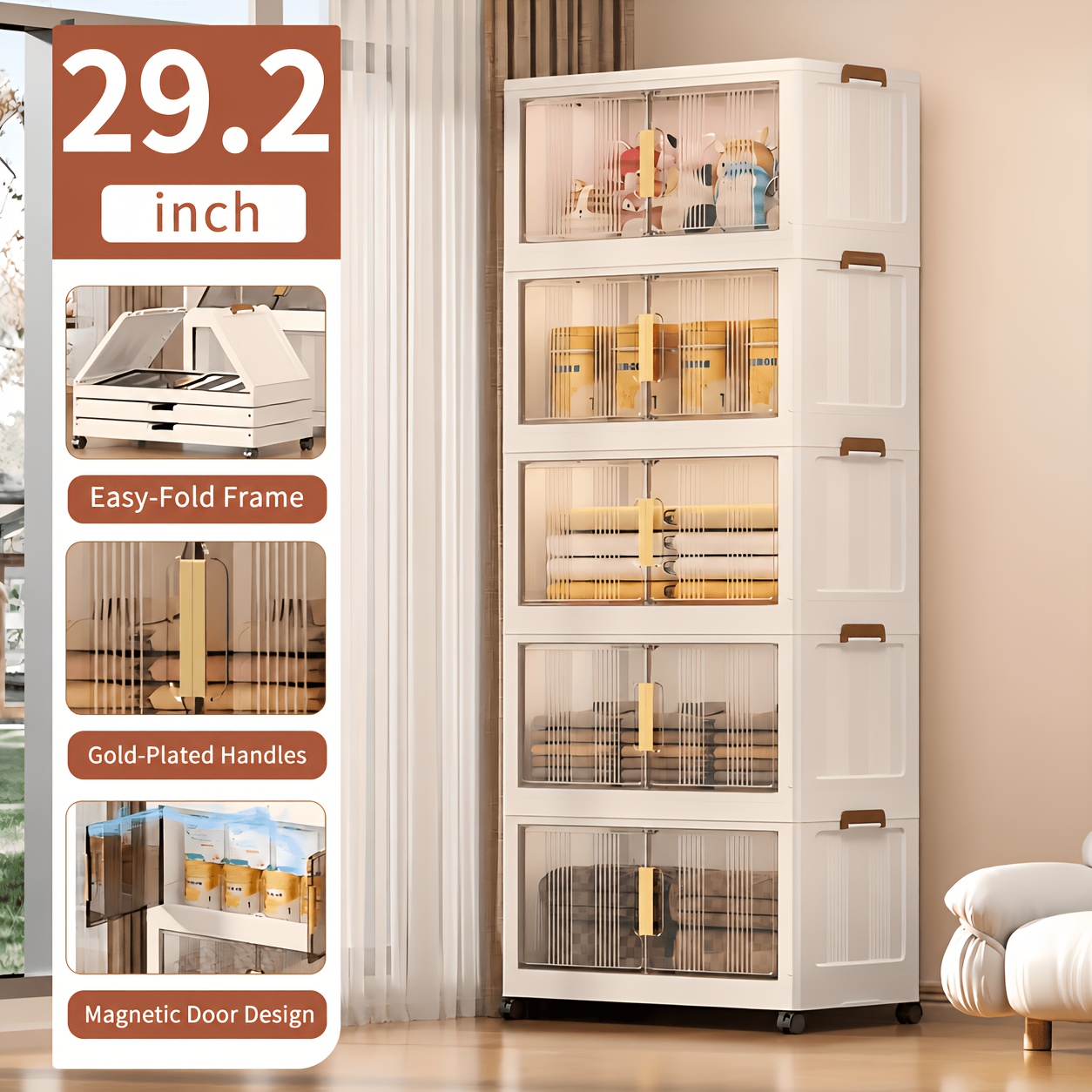 TEMU 29.2" Wide Extra Large Storage Cabinet - 3/4/5 Tier Plastic Storage Bins With Lids, Collapsible Stackable Containers With Wheels, Foldable