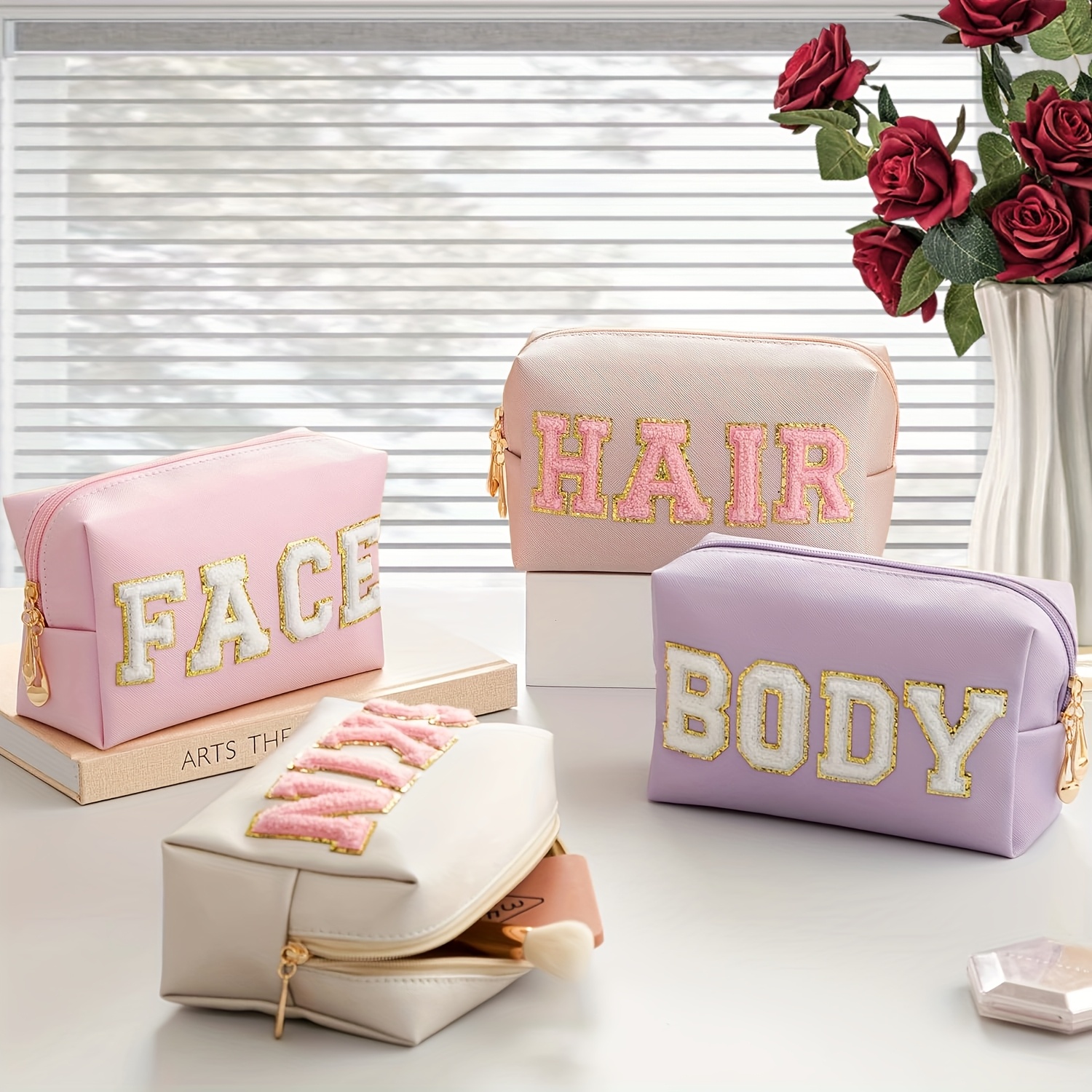 

4pcs Chenille Letter Patch Makeup Bags - Portable Waterproof Cosmetic Organizer For Women,fragrance-free Valentine's Day Gifts Or Christmas Gift For Women