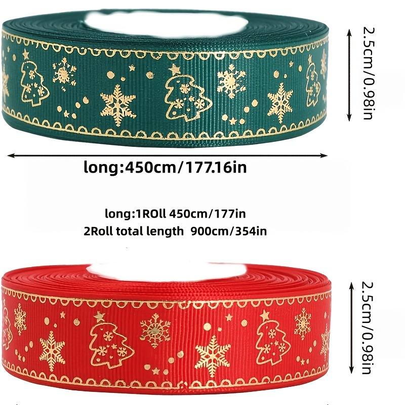 TEMU 2 Rolls Of Christmas Ribbon, Total Length 354.33 Inches, 25mm Thick Ribbon, Width 25mm, And Green Ribbon, Used For Gift Packaging, Handicrafts,