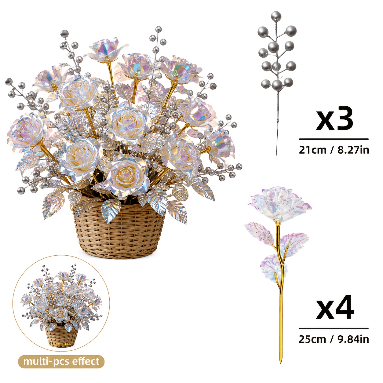 TEMU 7-stem Mother's Day Multicolor Bouquet, Of Roses And Silvery Berries, An Elegant And Atmosphere. Suitable For Home Decor, Table Centerpieces,
