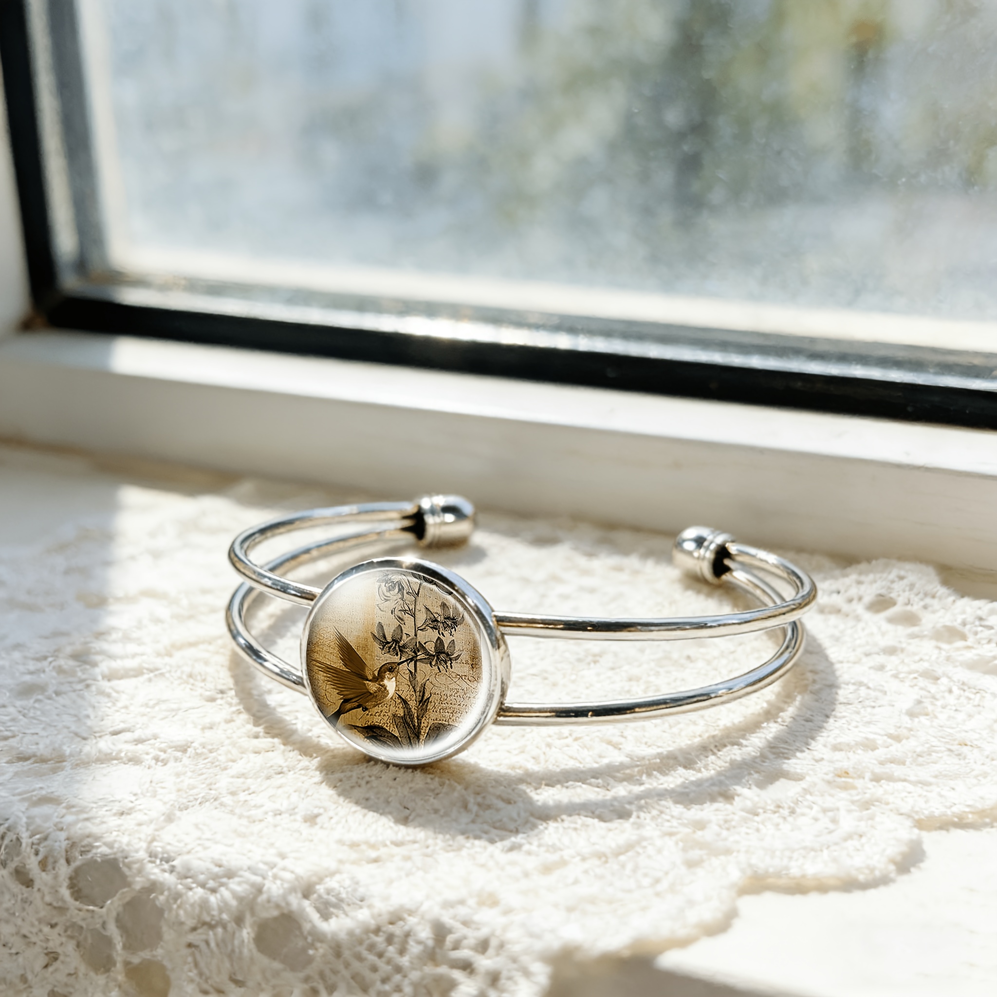 Women's Adjustable Open Bangle with Birds Flying Background