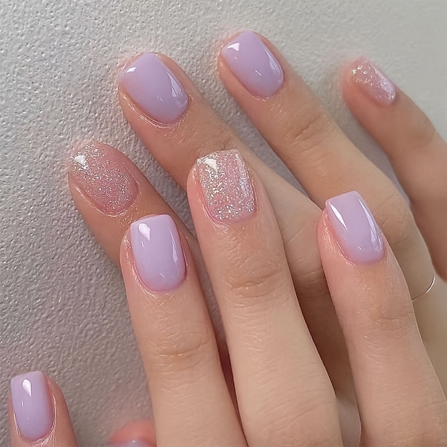 Image of 24pcs Glossy Short Square Purple Fine Shimmer Design Gentle Sweet Cute Press-on Nails Removable Reusable Wearable Fake Nails Nail Art Nails Suitable For Women And