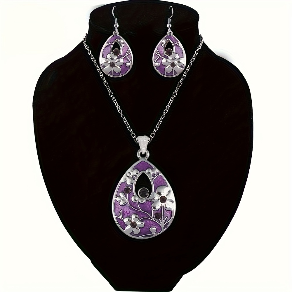 TEMU Parure de Bijoux Élégante Boucles d'Oreilles et Collier de , Alliage de avec Effet de Coup d'Émail, Imprimé Floral Bleu et Violet, Accessoire de