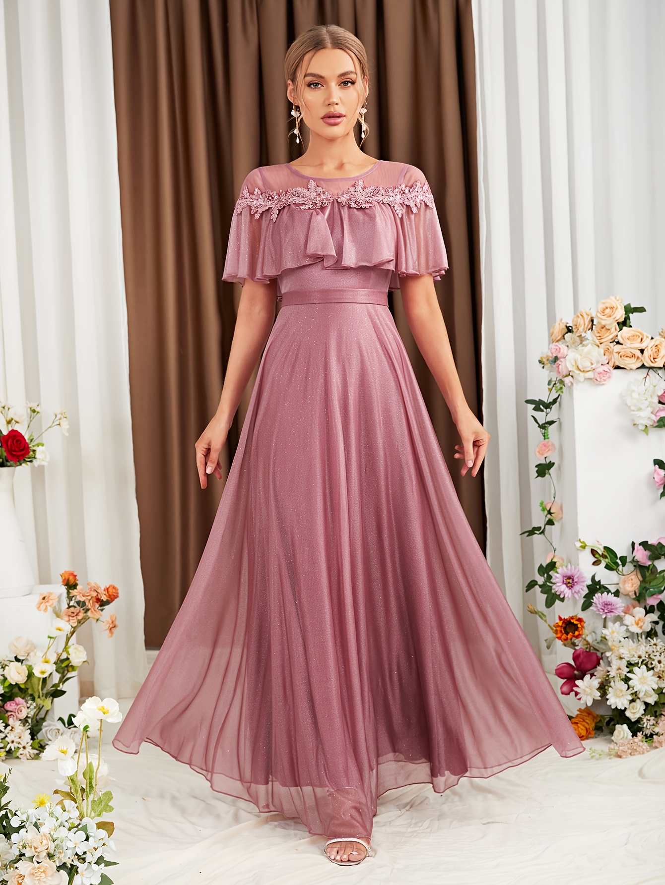 elegant pink bridesmaid dress floral embroidery waist Temu Portugal