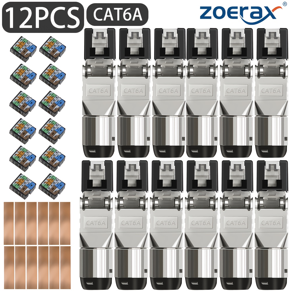 TEMU Kit de 12 prises RJ45 CAT6A blindées outil ZoeRax, connecteur Ethernet avec séparateurs de fils colorés et feuilles de câble, prise 10G pour