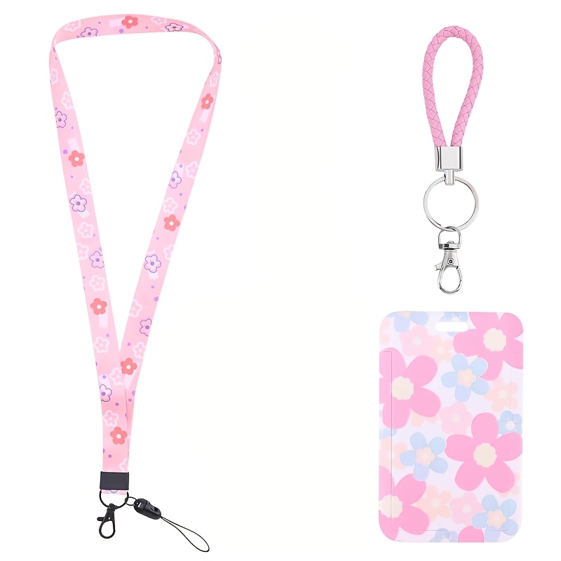 Image of 1set Id Badge Holders With Detachable Lanyards, Cute Floral Badge Reel Keychain Protector Clips, Clear , Vertical Card Holder For Nurses Office
