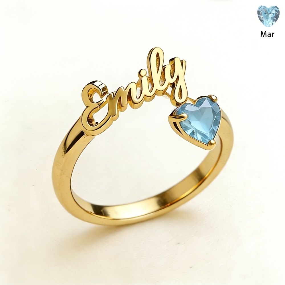 TEMU Anillo de dorado con piedra natal personalizada, anillo de con piedra natal personalizado, elegante anillo abierto con placa de de acero