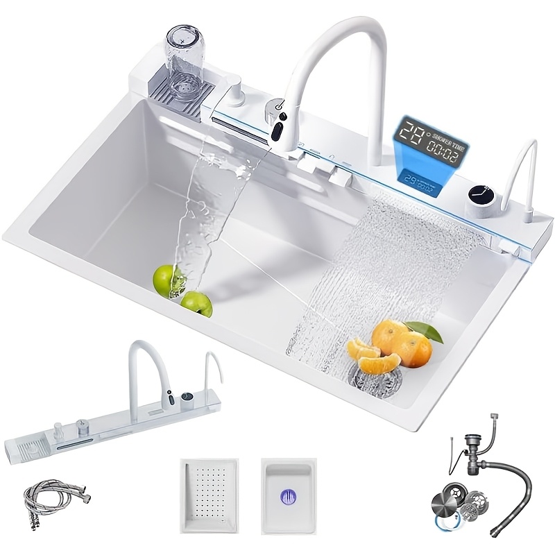 White Multifunctional Waterfall Digital Display Kitchen Sink, 304 Stainless Basin With Built-in Tap, Cup Washer, Soap Dispenser, Sink Accessory Kit, 75x46cm