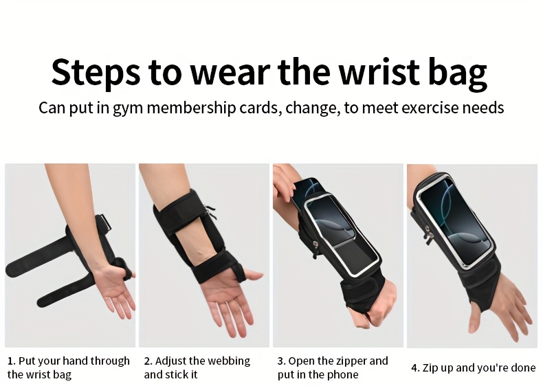 Instructions on how to wear a phone holder for running with images of hands adjusting the bag and using a phone.