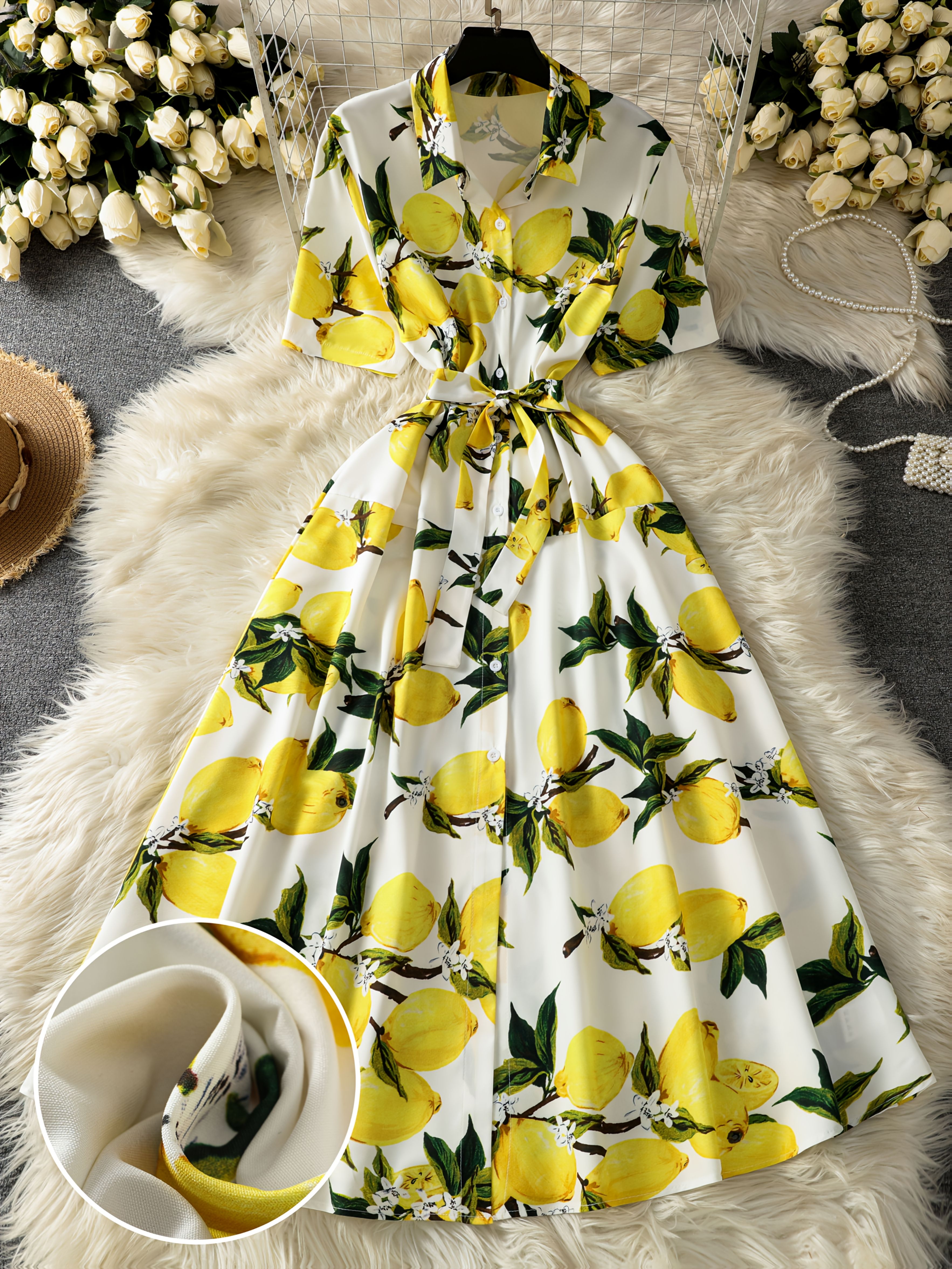 Women'S Vintage-Inspired Lemon Print A-Line Dress Short Sleeves,  High-Waist, White with Yellow Lemons Green Leaves Summer, Casual to  Formal