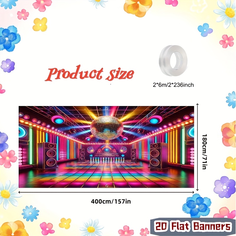 TEMU 2d Flat Garage Door Banners 1pc Vibrant Disco Ball Dance Hall Backdrop Banner, 398.78x180.34cm, Washable & Reusable Polyester Party Decoration,