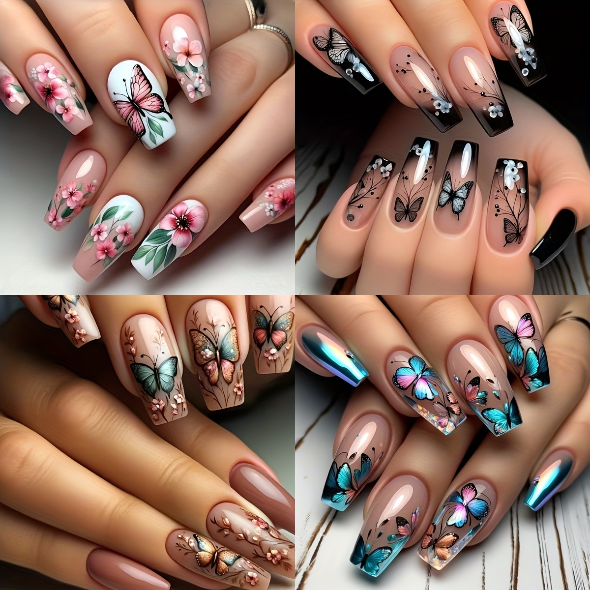 TEMU A Set Of 96 Medium-length Press-on Nails Featuring Flower Designs, Complete With Jelly Glue And A Nail File, Suitable For Women For Everyday And Festive Occasions