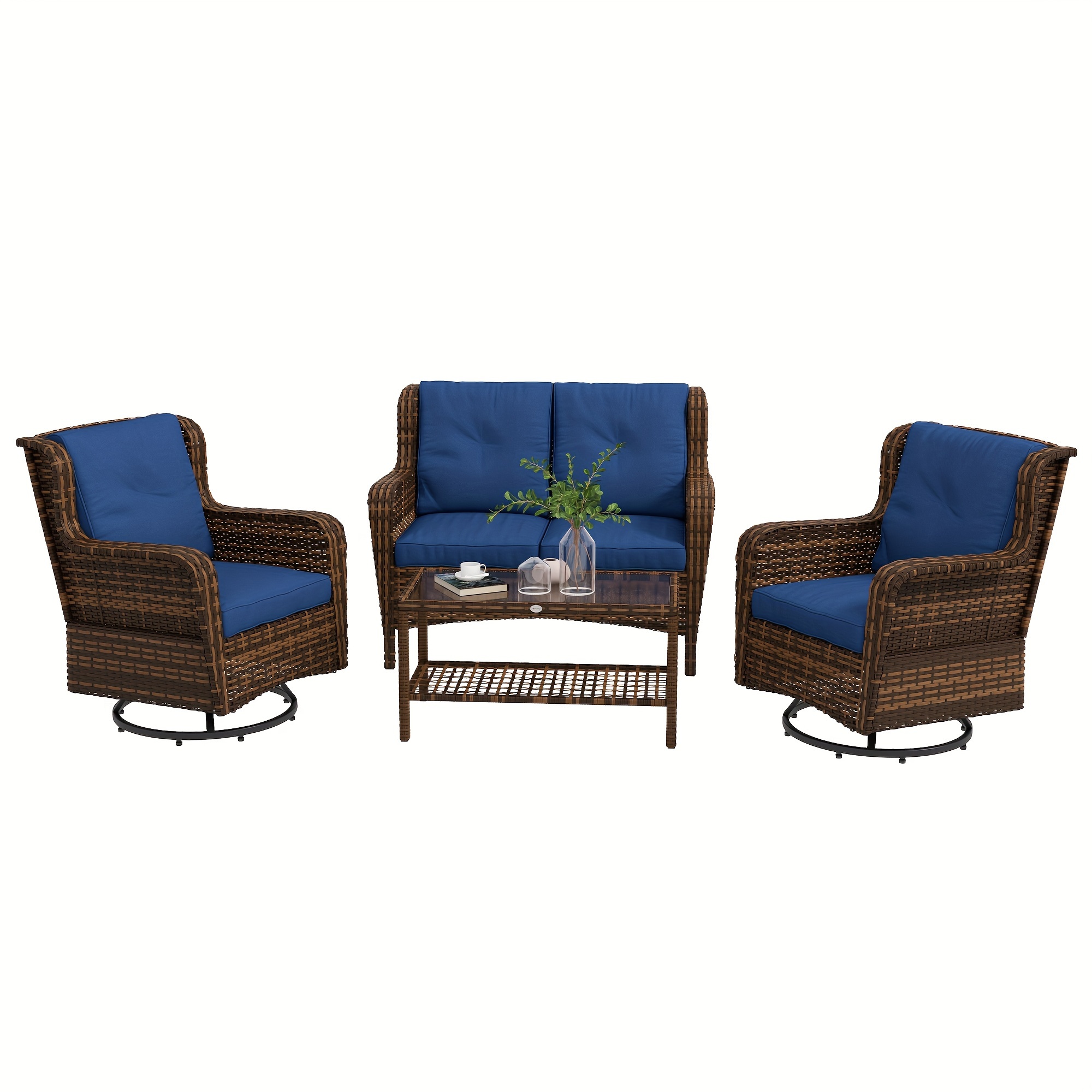 

Outsunny 4 Piece Pe Rattan Outdoor Patio Furniture Set, Wicker Conversation Set With 2 Swivel Rocking Chairs, 2-tier Glass Table And Loveseat For Garden, Patio, Poolside