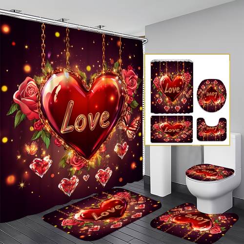 1 3 4pcs curtain set red bathroom decor accessories with bath mat u shaped mat toilet lid cover 12 hooks 180x180cm curtain decor bathroom accessories