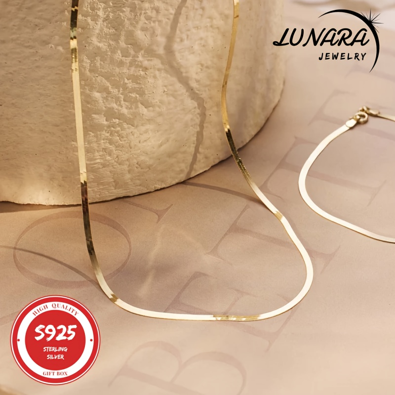 TEMU 2d Flat - 24k Golden Plated Necklace, 925 Sterling Silver Necklaces, 3.5mm Herringbone Flat Chain Necklace For With A Gift Box, Perfect Valentine's Day Gift