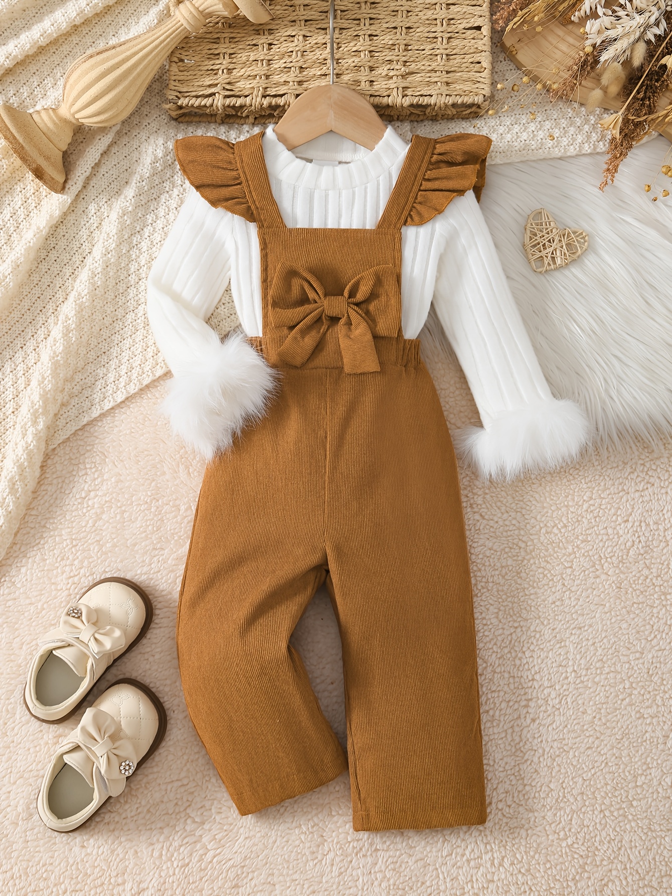 2pcs girls pants set   plush cuff top bow overalls girls daily wear   outdoor Product details 9