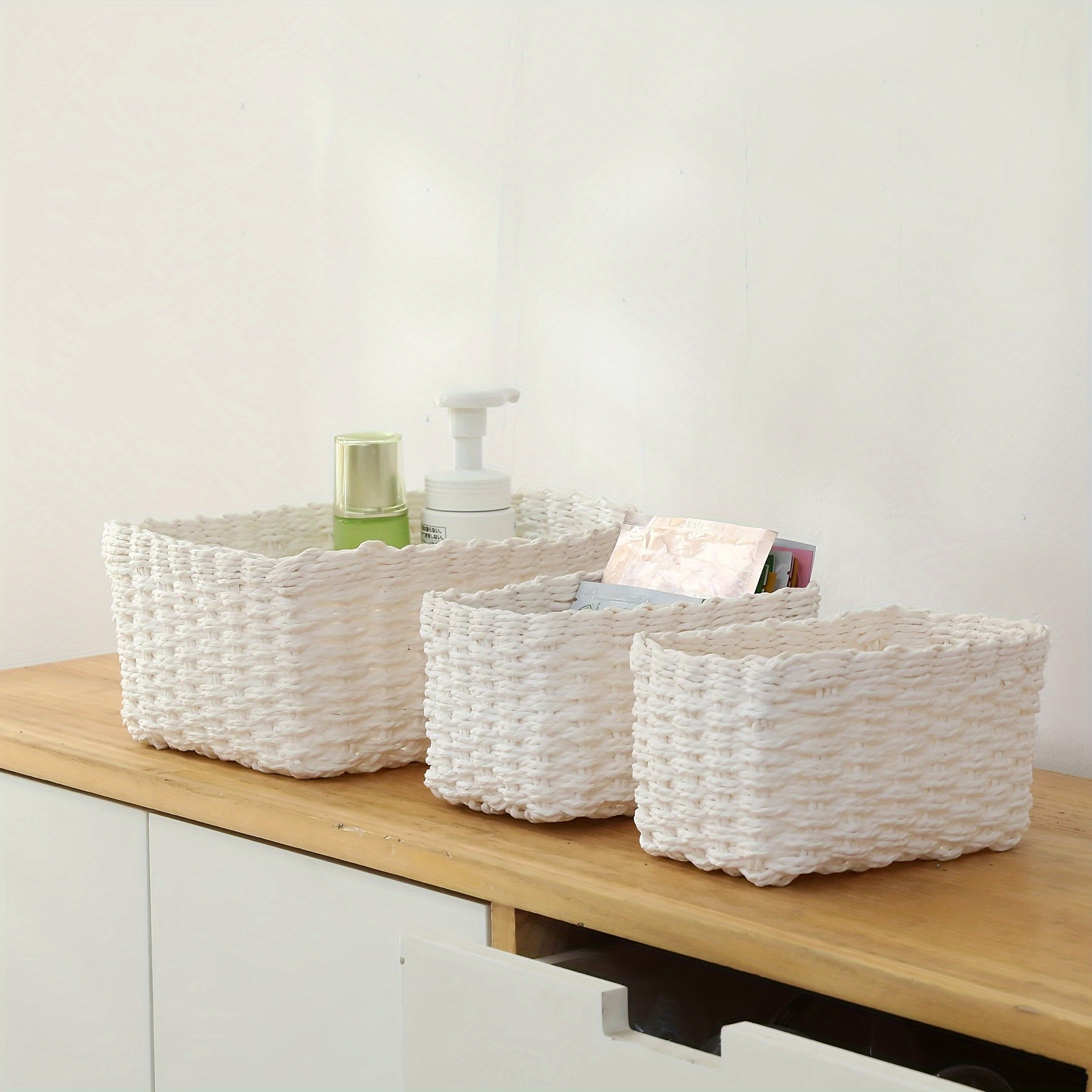 

Set Of 3 Contemporary White Paper Rope Storage Baskets, Handwoven Multipurpose Open Top Stackable Organizer Bins For Cosmetics And Household Items