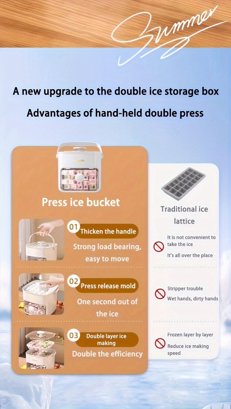 food grade large capacity   tray double layer 48 cube mold an effortless ice maker for producing large quantities of ice designed for use with a refrigerator made from safe lead free materials suitable for home and celebration use essential for christmas parties and new year   details 2