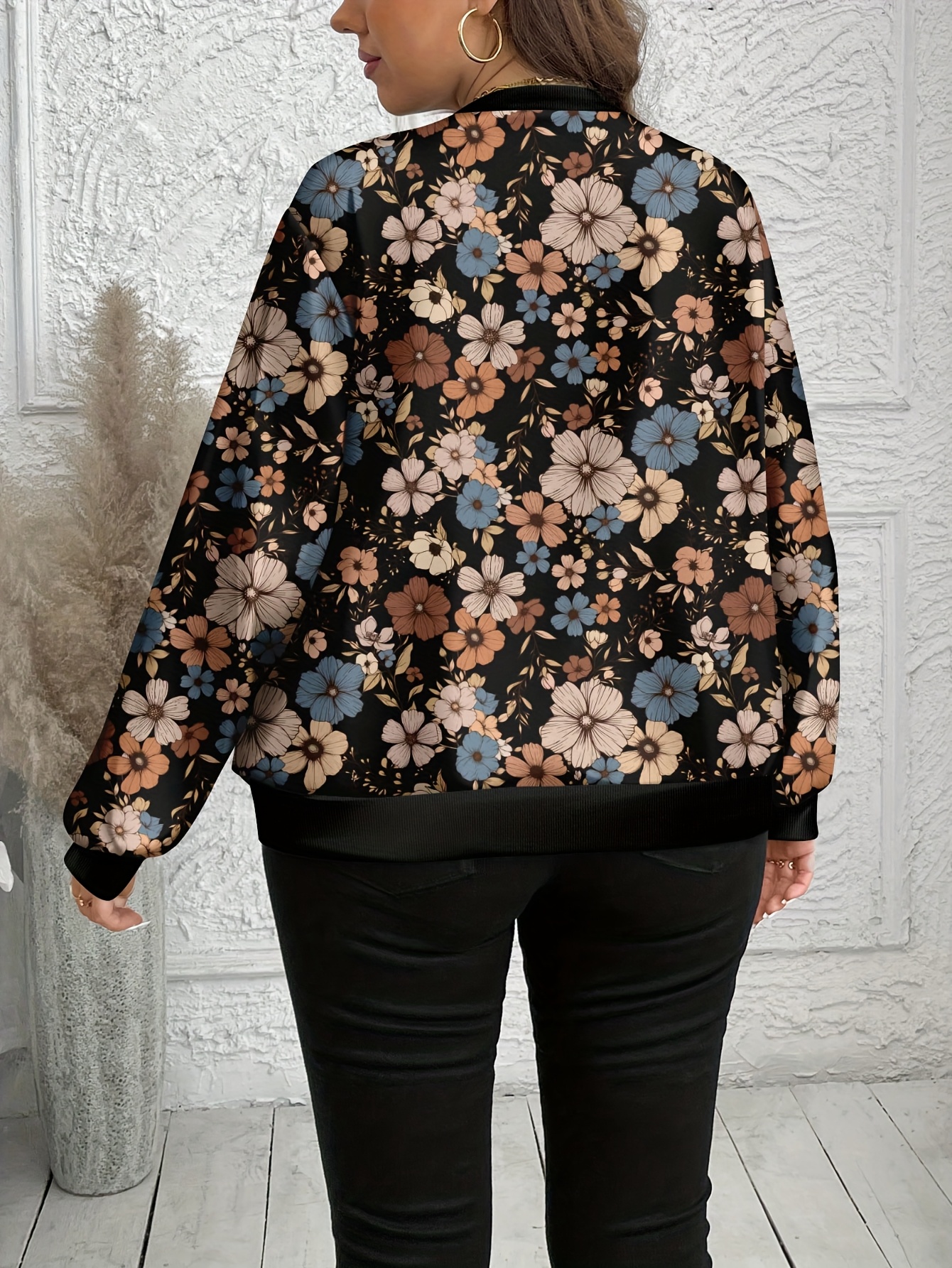 plus size womens plus size floral print zip up jacket casual long sleeve stand collar with   detail black white   non stretch fabric for   spring outerwear floral print jacket zippered jacket mixed color 2