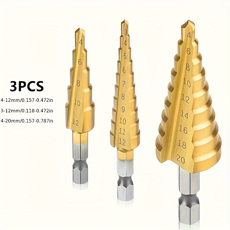 

3pcs Drill Bit Set, 3-12mm 4-12mm 4-20mm Hss Straight Step Titanium Coated Hole Cutter Step Cone Drill Tools Set