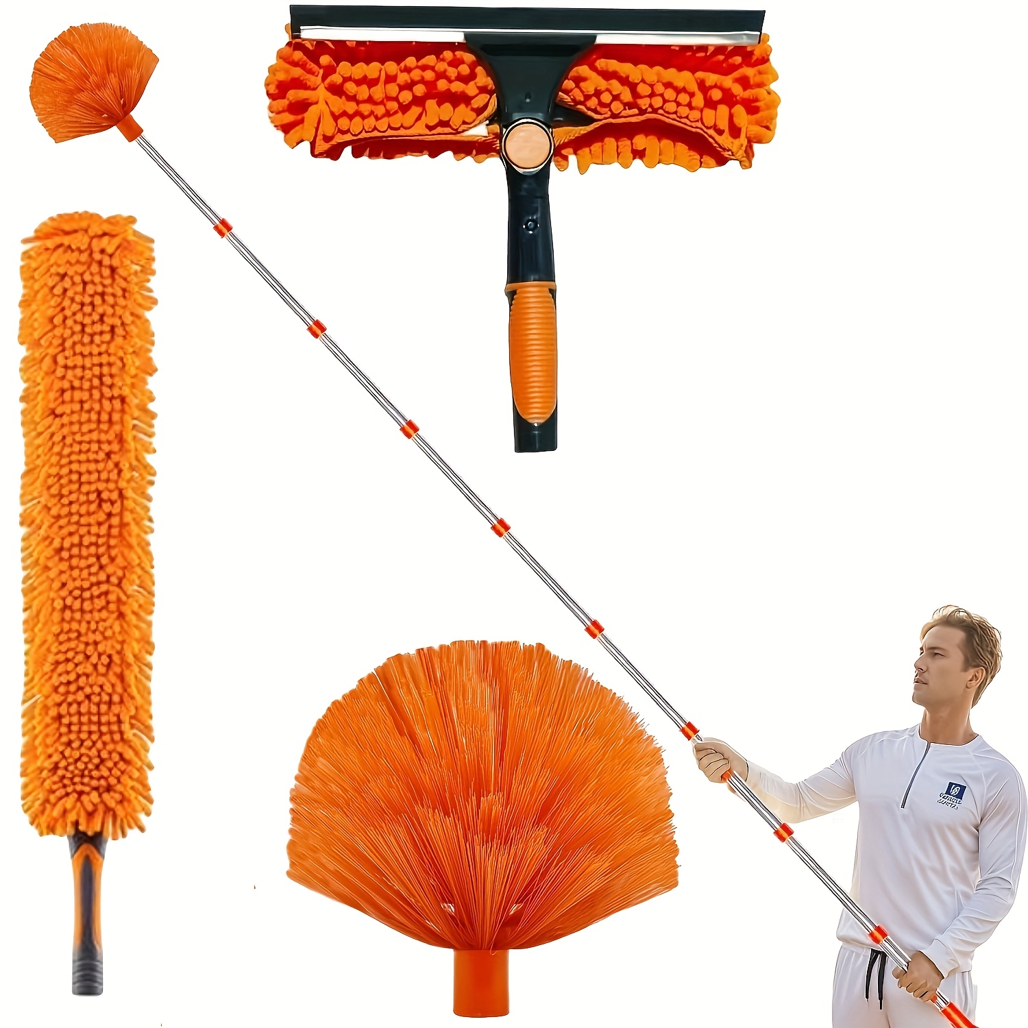 3-v-1 Raztegljiva Krtača za Prah s 91.44-426.72cm - Večkratno Uporabna, Multifunkcionalni Set za Čiščenje Stropov, Sten & Zunanjih Površin -