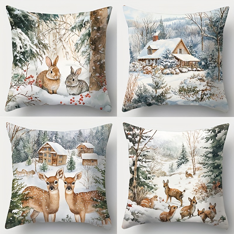 

4pcs, Christmas Pillowcases 17.2 Inches X 17.2 Inches, With Rabbit, Deer, House, Snow Pattern, Zipper, Polyester Fiber Material, Living Room Sofa Decoration, Room Decoration, , No Pillow