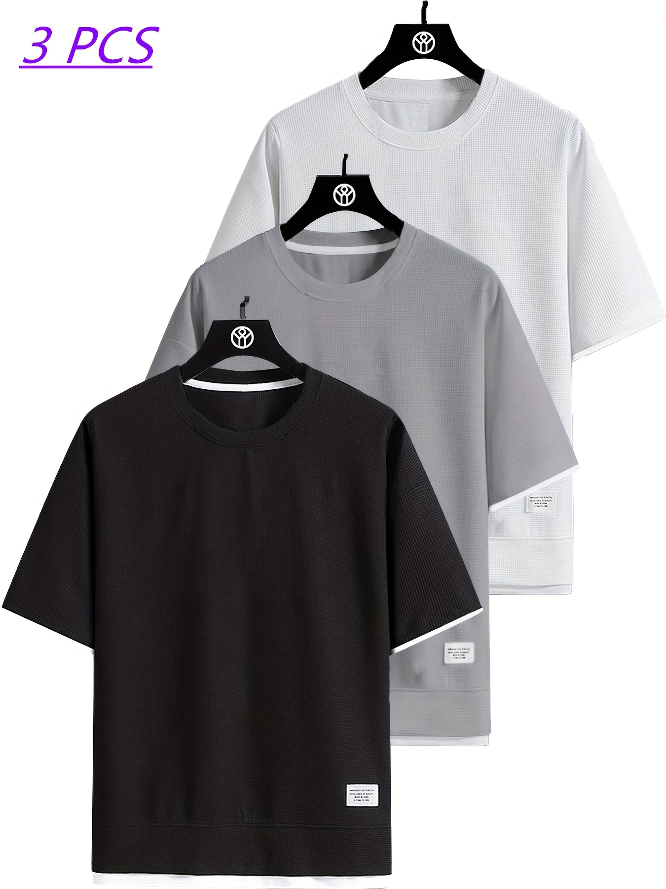 multiple pack of high quality mens waffle knit t shirts solid black with white accents short sleeved round neck lightweight and breathable polyester   casual summer wear