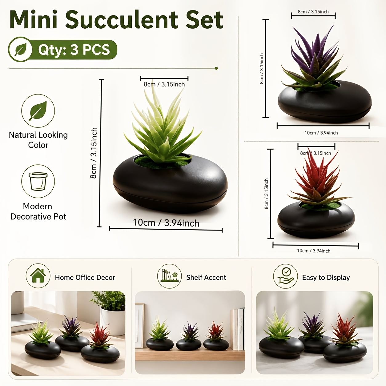 TEMU 3pcs Set Of Realistic Artificial Succulent Mini Potted Plants, Lifelike Fake For Desktop Decoration, Artificial Plastic , , Suitable For Home,