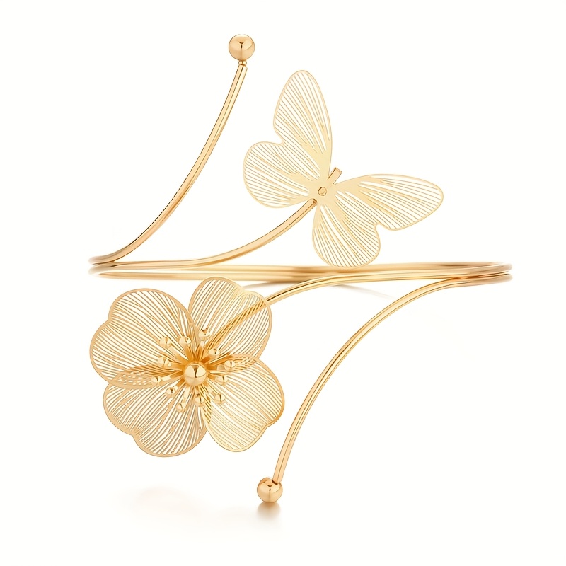 TEMU 1pc Women's Fashion Golden 3d Flower Open Bangle, Light Luxury Niche Hollow Retro Design Love Flower Bracelet, Women's Adjustable Open Bangle,